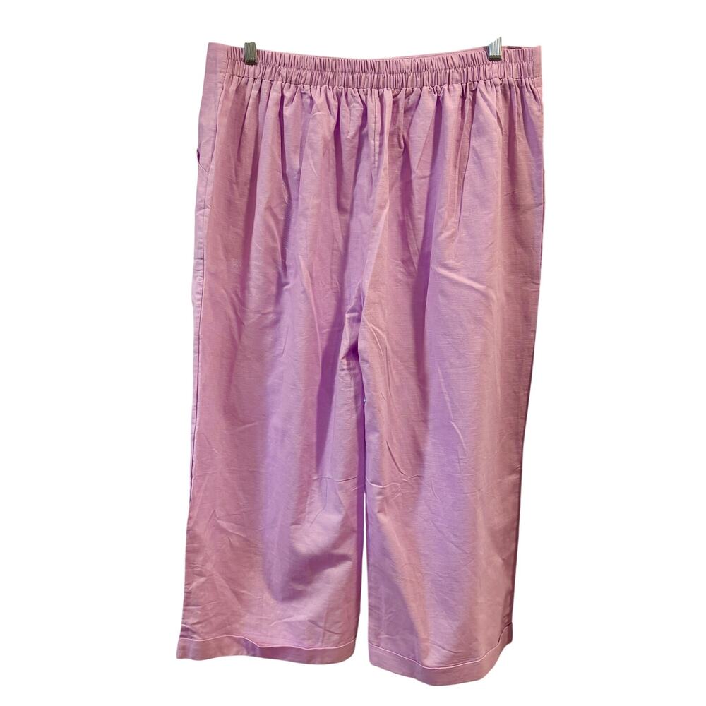 Purple High Waisted Wide Leg Linen Blend Pants Button Fly Crop Trousers, 2XL - Picture 3 of 7